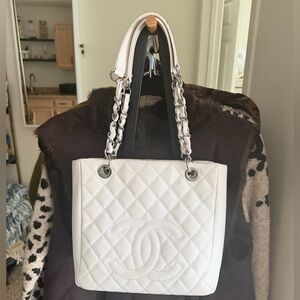 CHANEL White Petite Quilted Tote with silver Chain Straps PST